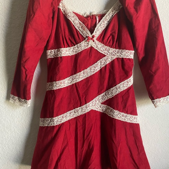 Free People Tennley Red Milkmade Coquette Corduroy Whimsigoth Lace Mini Dress XS - Picture 4 of 16
